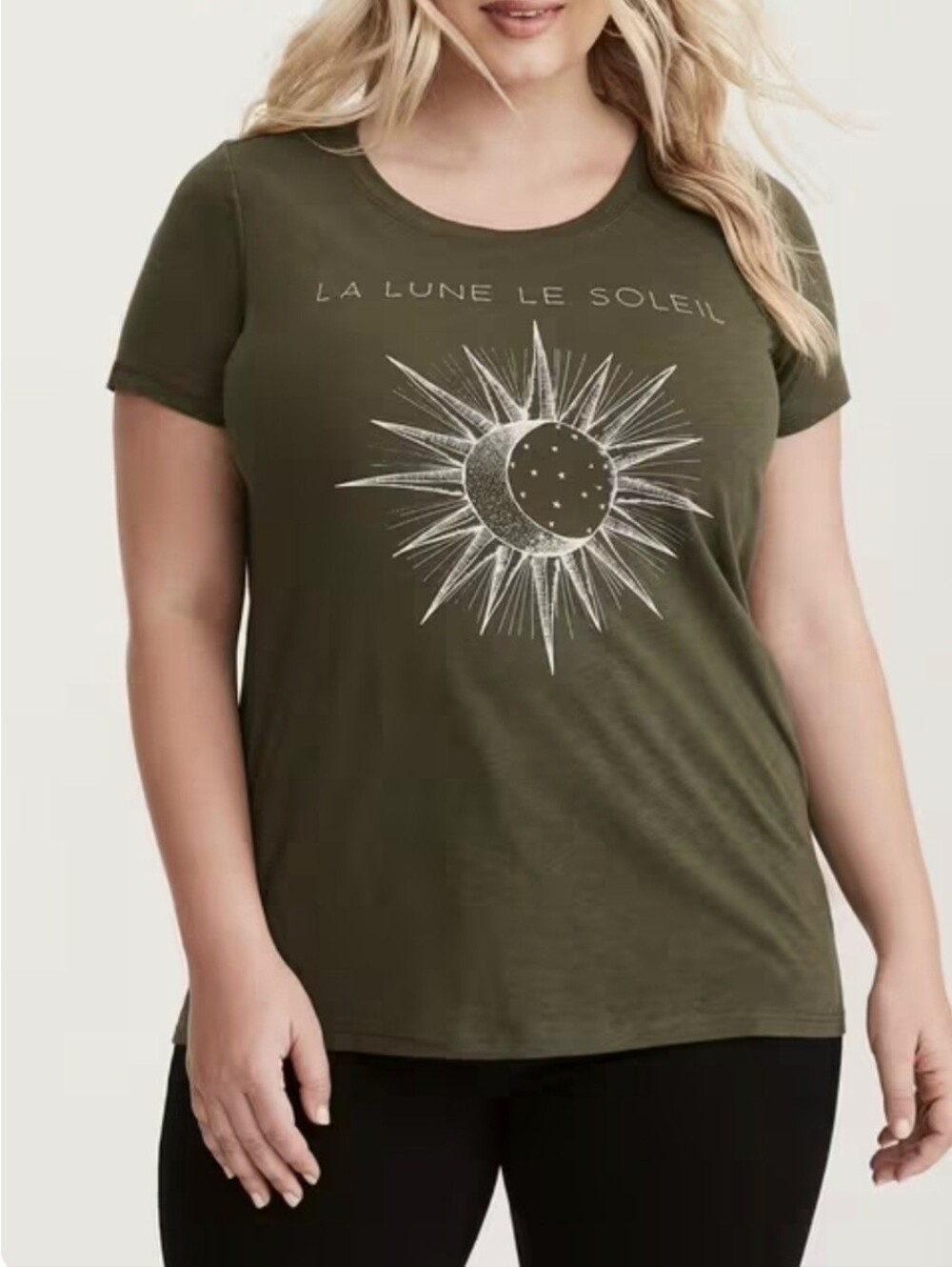 Torrid Size 1 La Lune Le Soleil Sun Moon Celestial Graphic Tee Olive Green
